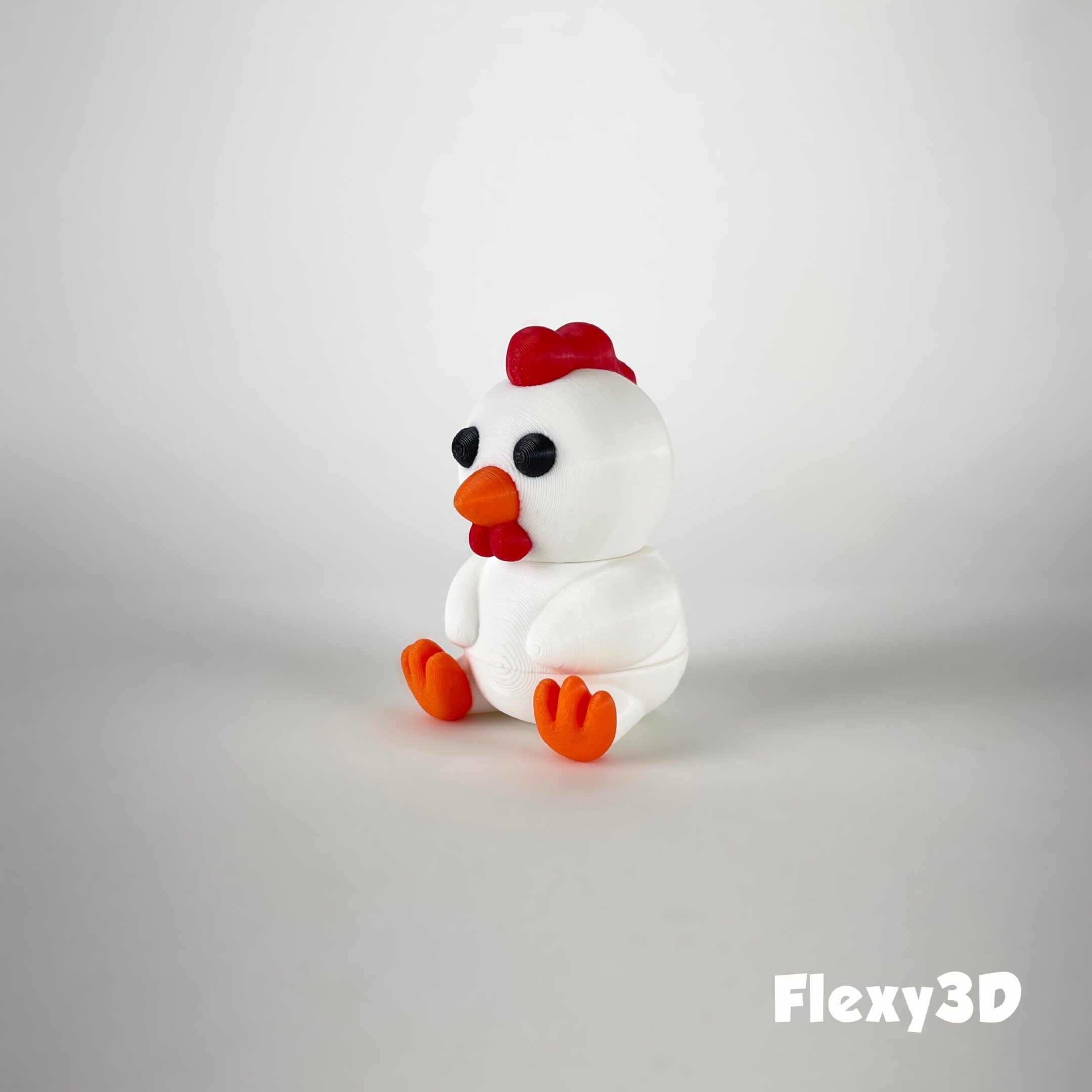 A cute 3D cartoon chicken with orange feet and a red comb.