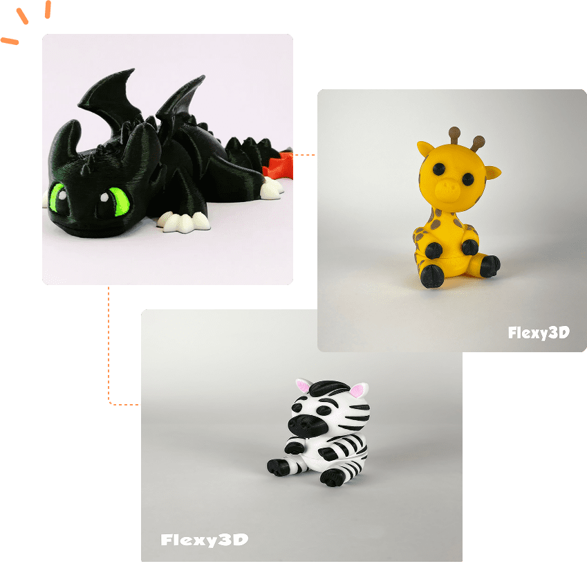 Three cute animal-shaped 3D printed toys: a dragon, giraffe, and cow.