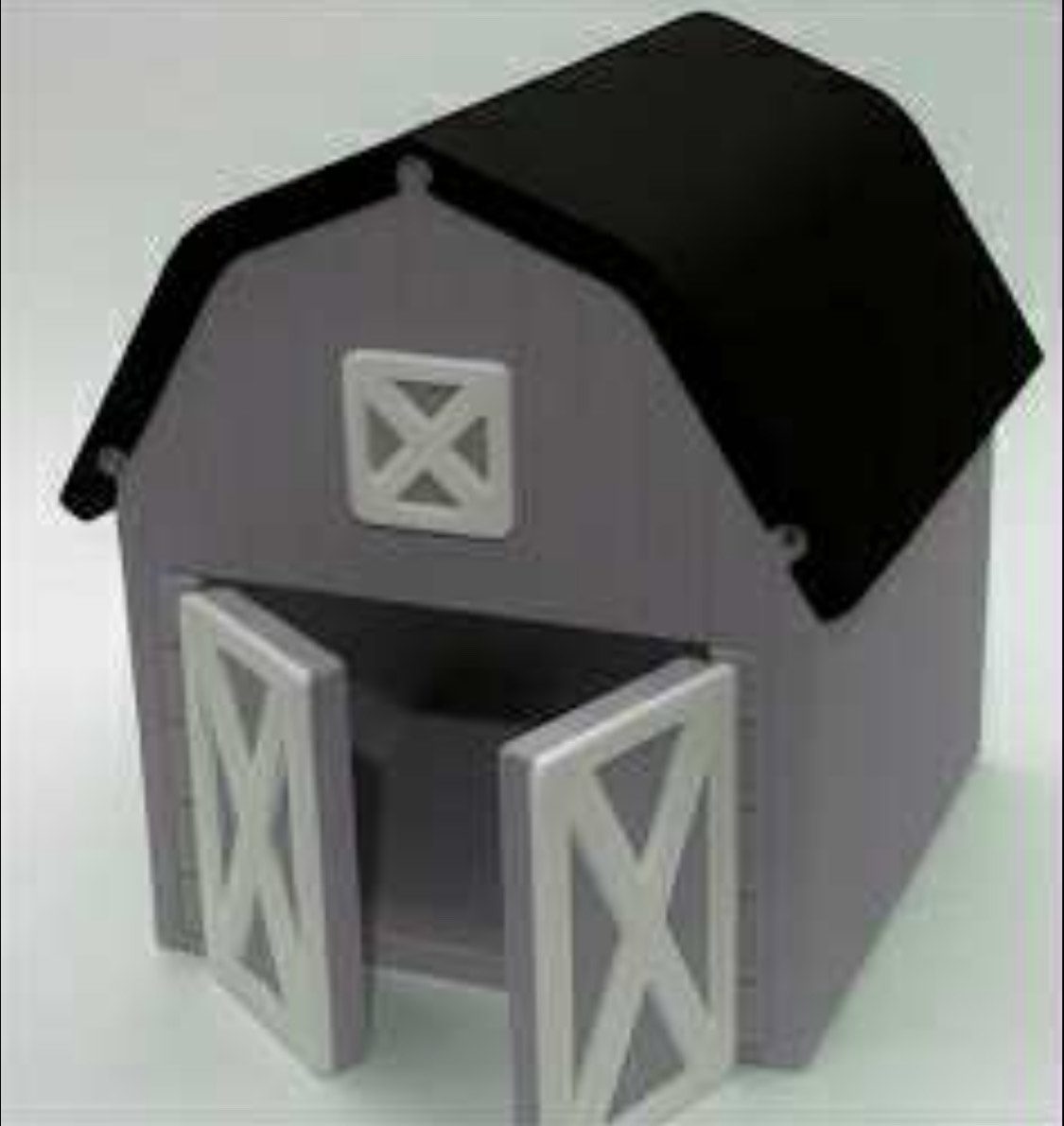 Small purple barn with gray double doors and a black roof.