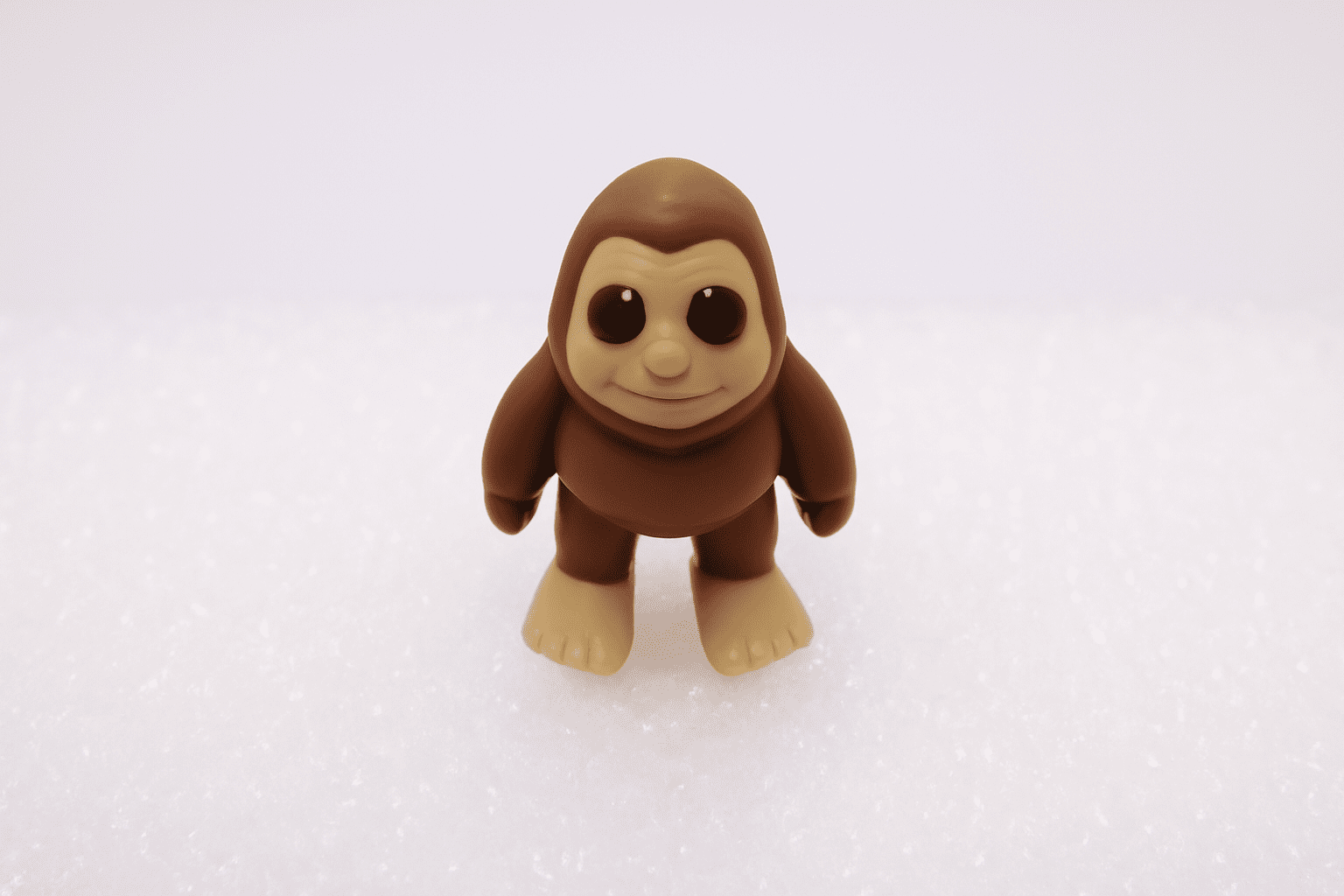 A small, brown plush monkey toy with big eyes stands on a white surface.